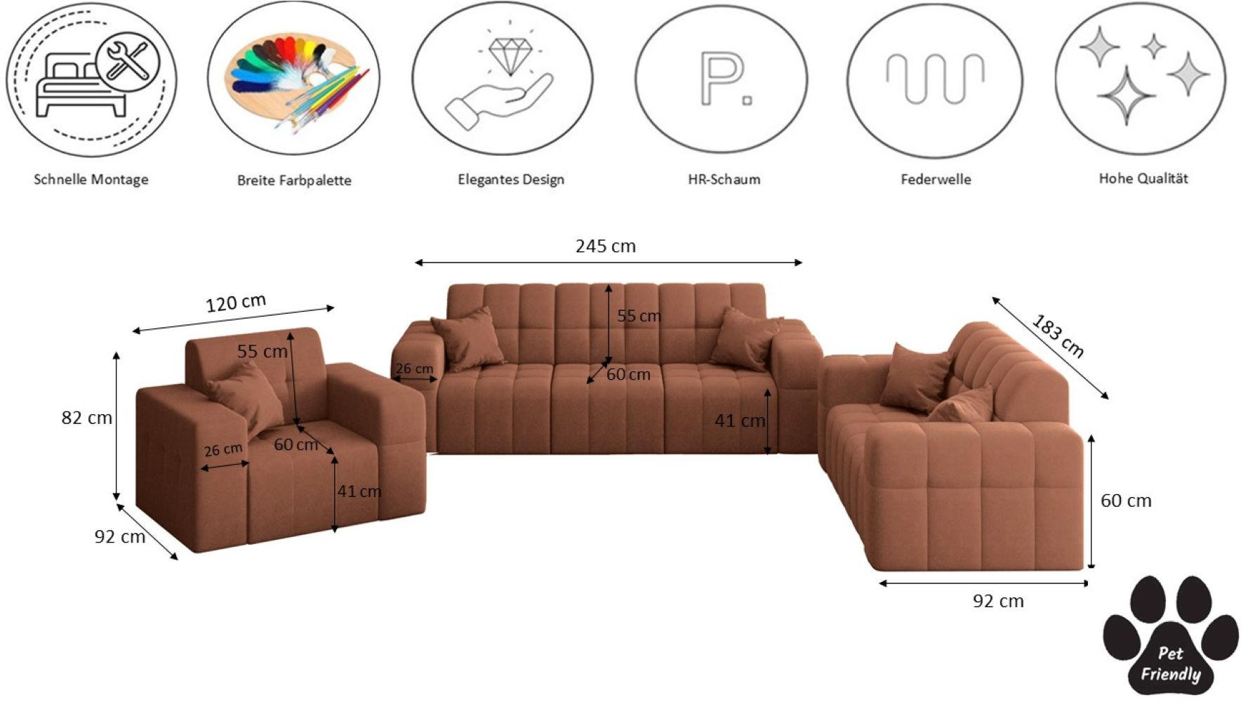 Thumbnail - Kaiser Möbel Sitzgarnitur, Kupfer, Textil, 6-Sitzer, Rechteckig, 92x82x245 cm, Wohnzimmer, Sofas & Couches, Sitzgarnitur...