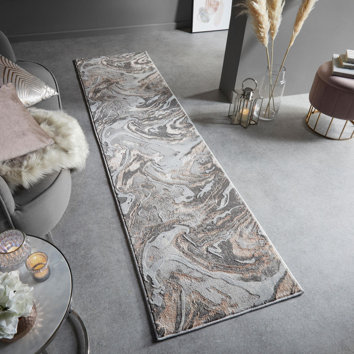 TEPPICH Marmor-Design, metallisch OUSE JOY, Rosa-Grau 60x230 cm - Rosa, Textil (60/230cm) - KADIMA DESIGN