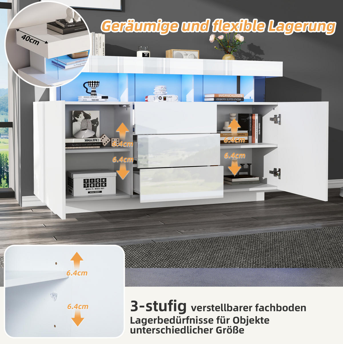 SIDEBOARD 140/35/80 cm mit LED-Beleuchtung, 3 Schubladen und 2 Türen, Hochglanz mit Acryl-Details, Weiß - Weiß, Holzwerkstoff (140/80/35cm) - Redom