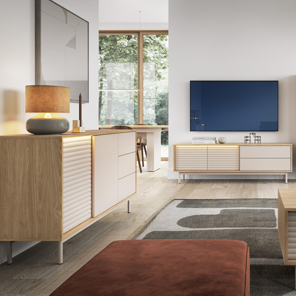 KOMMODE Terra mit 4 Türen und LED-Beleuchtung, Kaschmir/geölte Eiche - Kaschmir, Holzwerkstoff/Metall (184/77/40cm) - Beautysofa