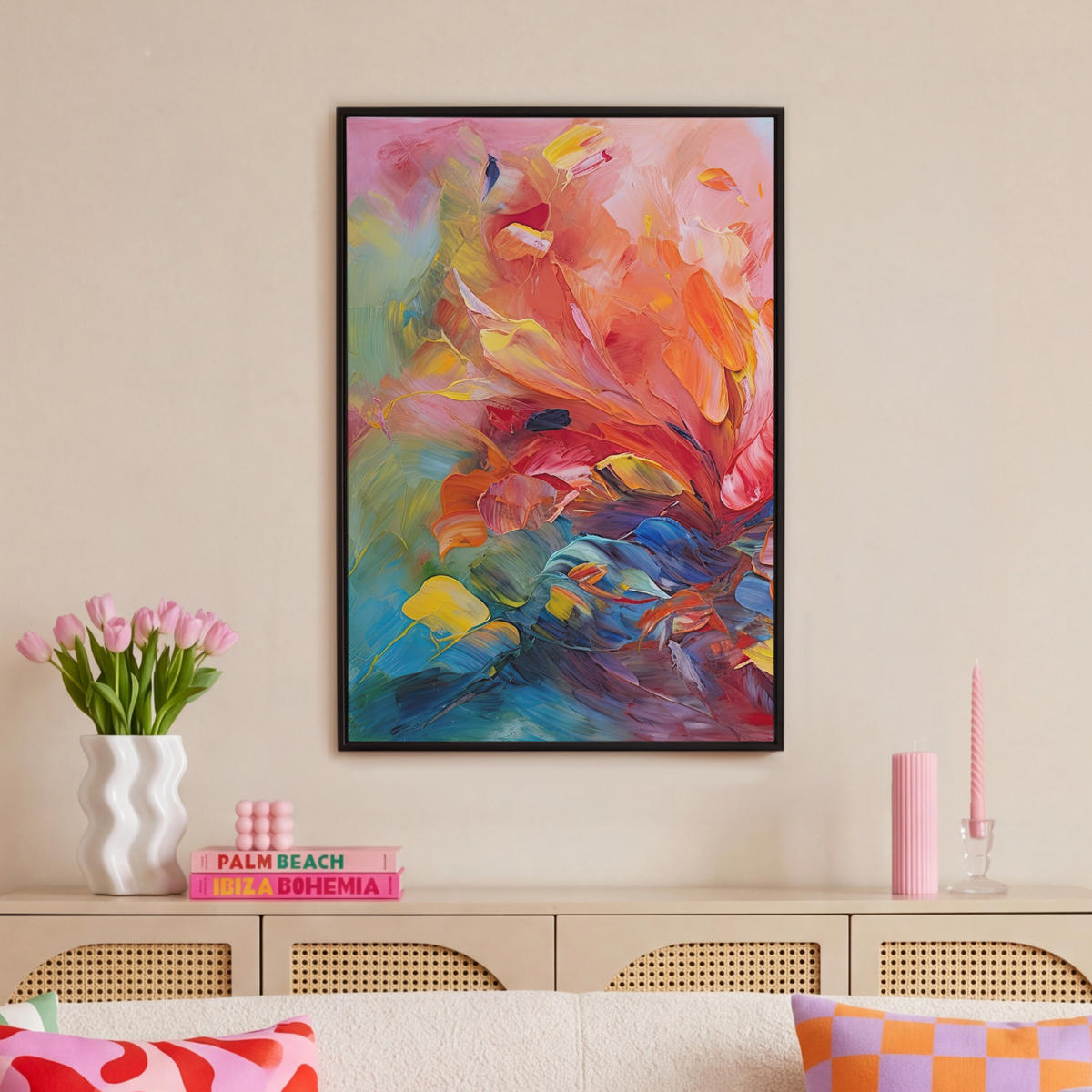 LEINWAND Bilder mit Rahmen - Ölgemälde - Kunst - Abstrakt - Farbenfroh - 60x90 - Altrosa, Textil (60/90cm) - MuchoWow