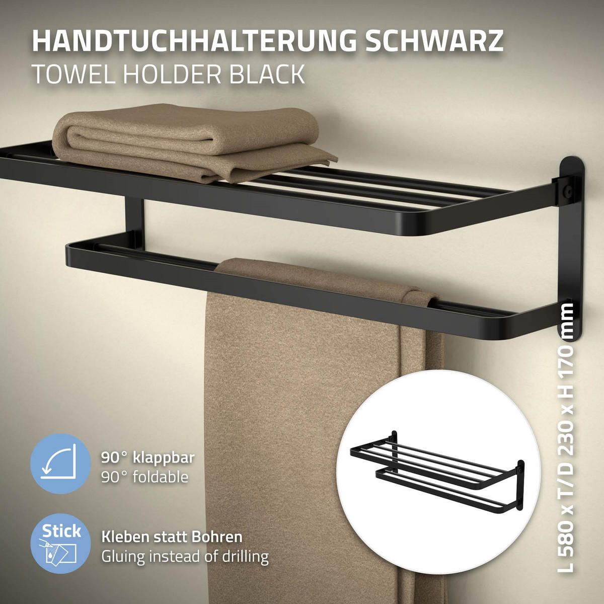 HANDTUCHHALTER ohne Bohren 58cm Schwarz - Schwarz, Metall (58/17/23cm)