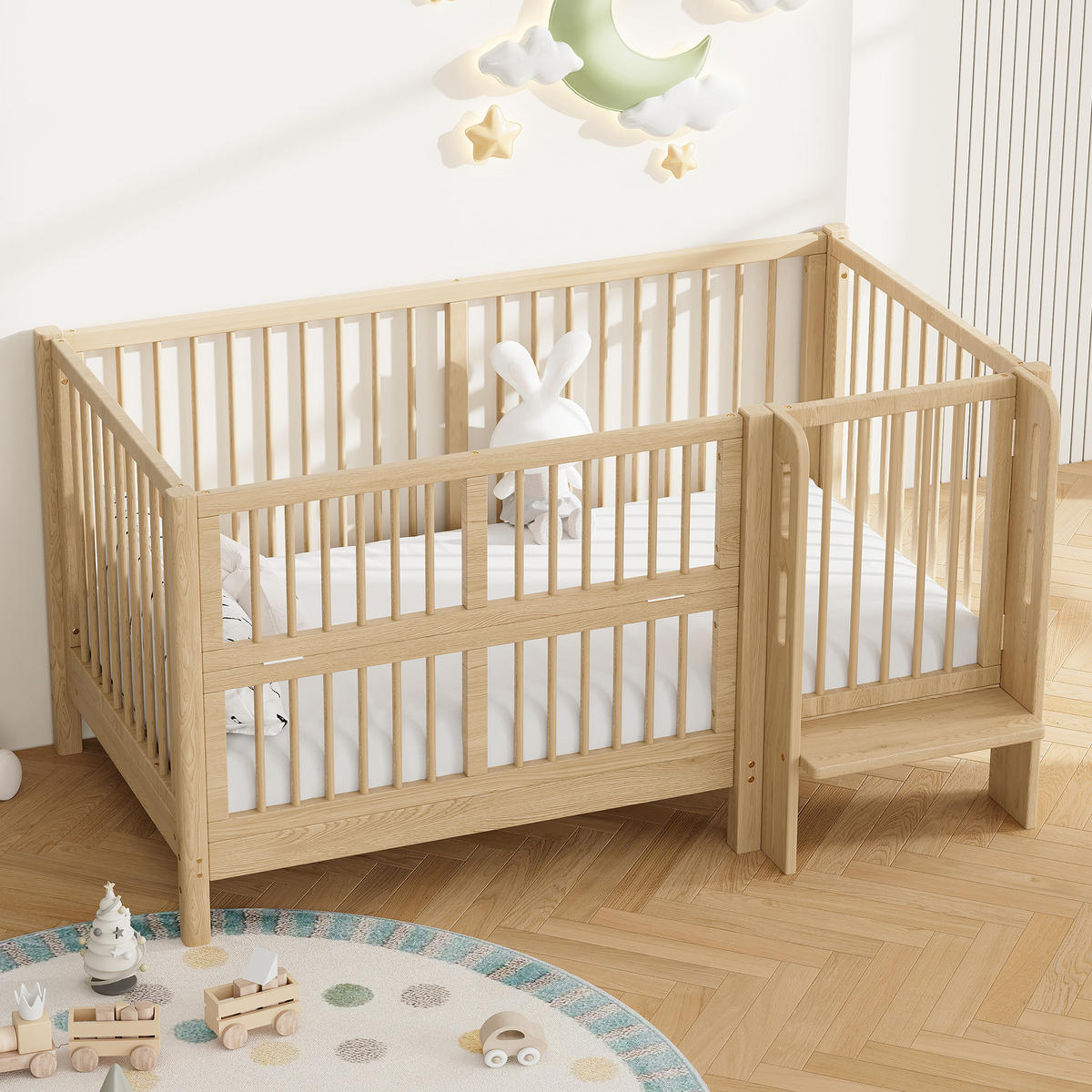 KINDERBETT 140/70 cm in Natur mit Umbausatz, Sicherheitsgeländer und Trittstufe - Naturfarben, Holz/Holzwerkstoff (70/140cm) - WISHDOR