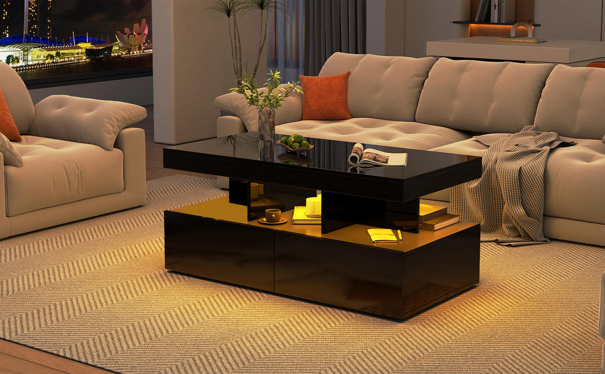 COUCHTISCH hochglanz schwarz modern mit beleuchtung - Schwarz, Metall (104/53/46cm) - SHOPENTRA