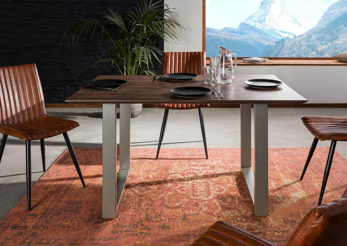 ESSTISCH Akazie 140x90 grau lackiert / U-Beine silber matt SWISS EDGE - Silberfarben/Grau, Holz (140/90/76cm) - Massivmoebel24