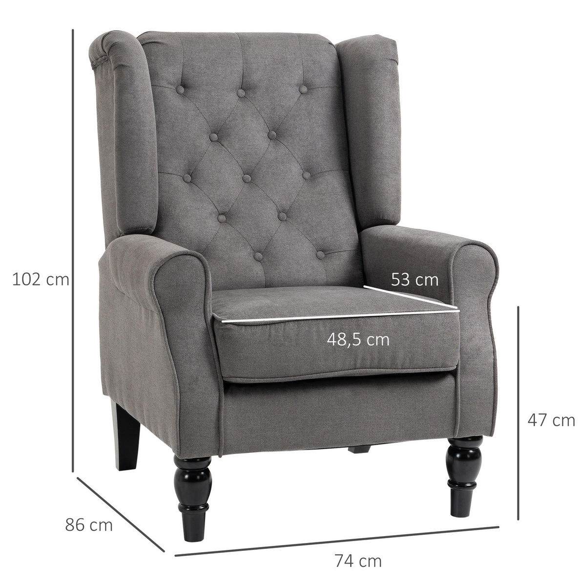 OHRENSESSEL 74/86/102 cm mit hoher Rückenlehne und Knopfheftung - Dunkelgrau, Textil (86/102/74cm) - BEAOK