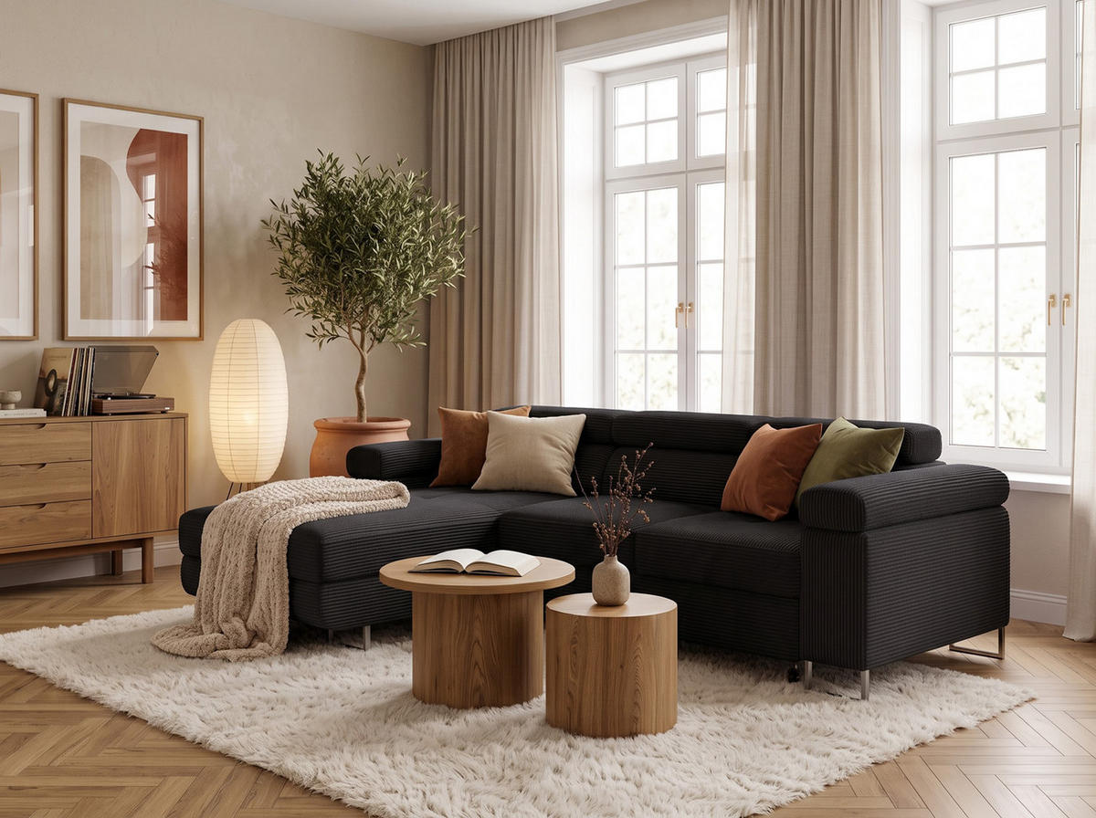 ECKSOFA VEMO MINI Links Schwarz Cord-Stoff Kompakter Komfort für Wohnräume - Schwarz, Textil (235/175cm) - Barchello