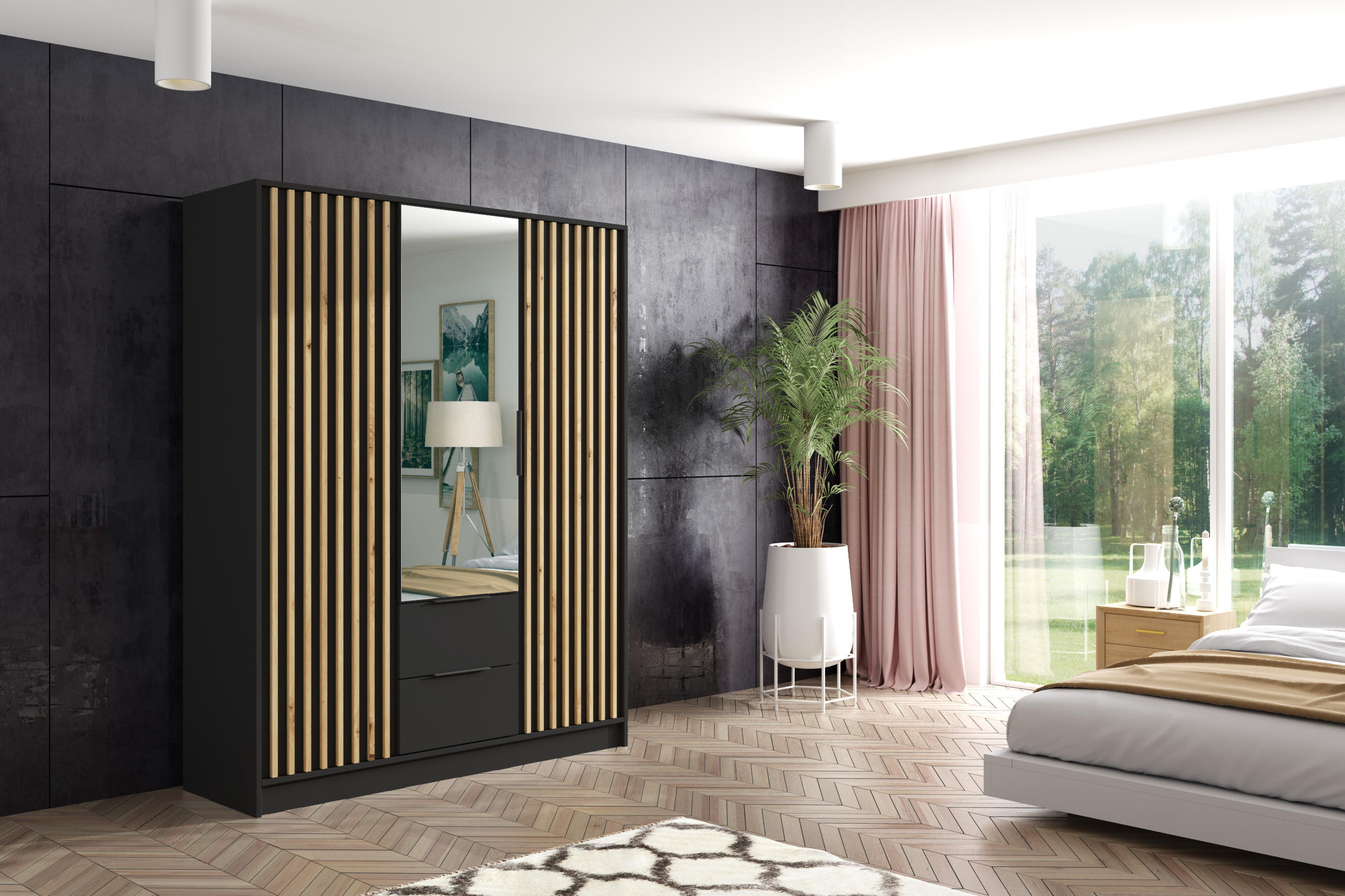 KLEIDERSCHRANK NERA - 150 cm - Schwarz|Eiche Artisan - Schwarz/Eiche Artisan, Holzwerkstoff (150/200/51cm) - ALTDECOR