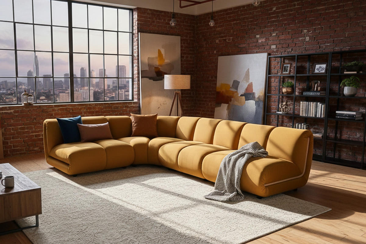 MODULSOFA LAYLA Gelb Velvet - Gelb/Schwarz, Buchenholz/Textil (305/213cm) - KAWOLA