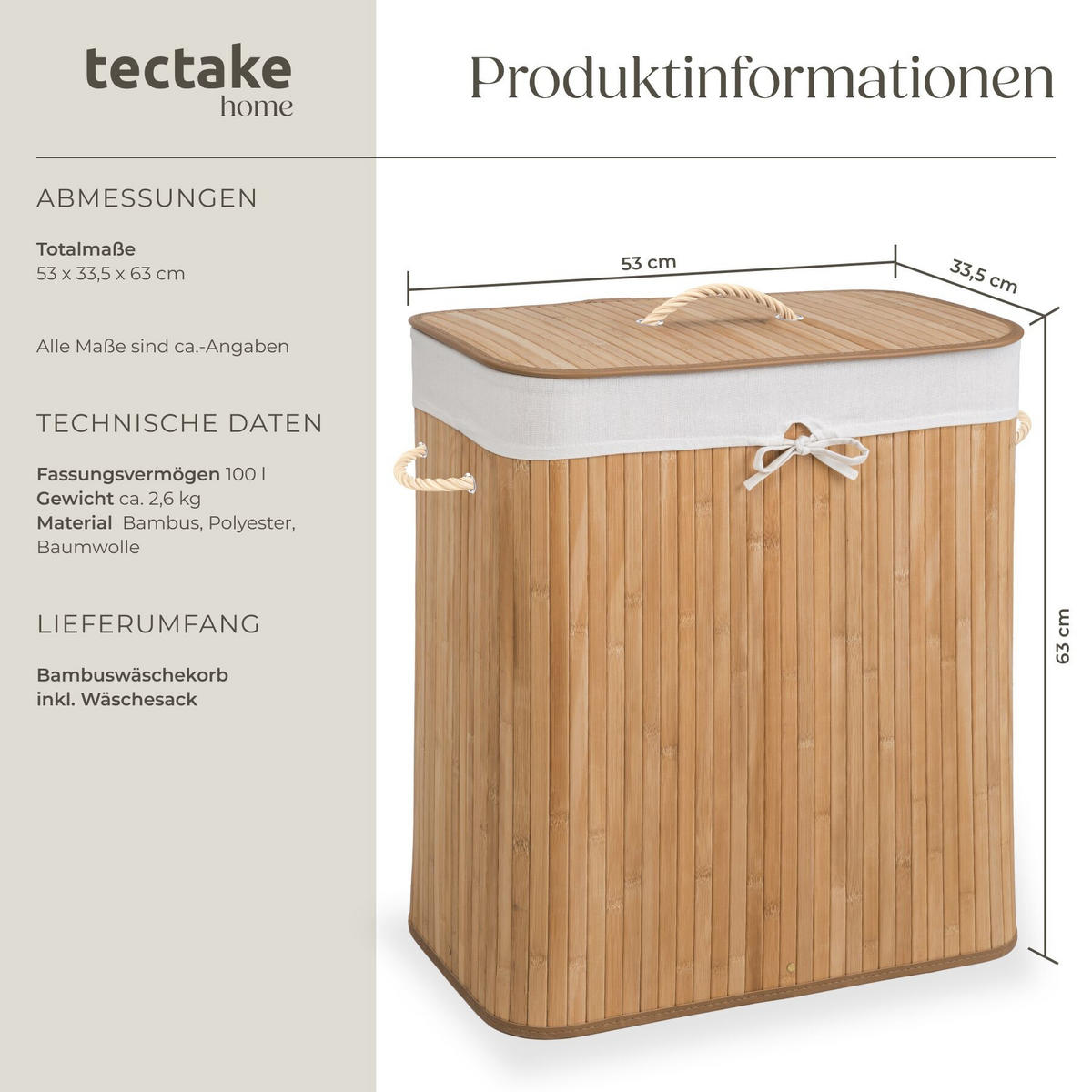 WÄSCHEKORB,53 x 33,5 x 63 cm, beige - Beige, Textil (33.5/63/53cm) - tectake