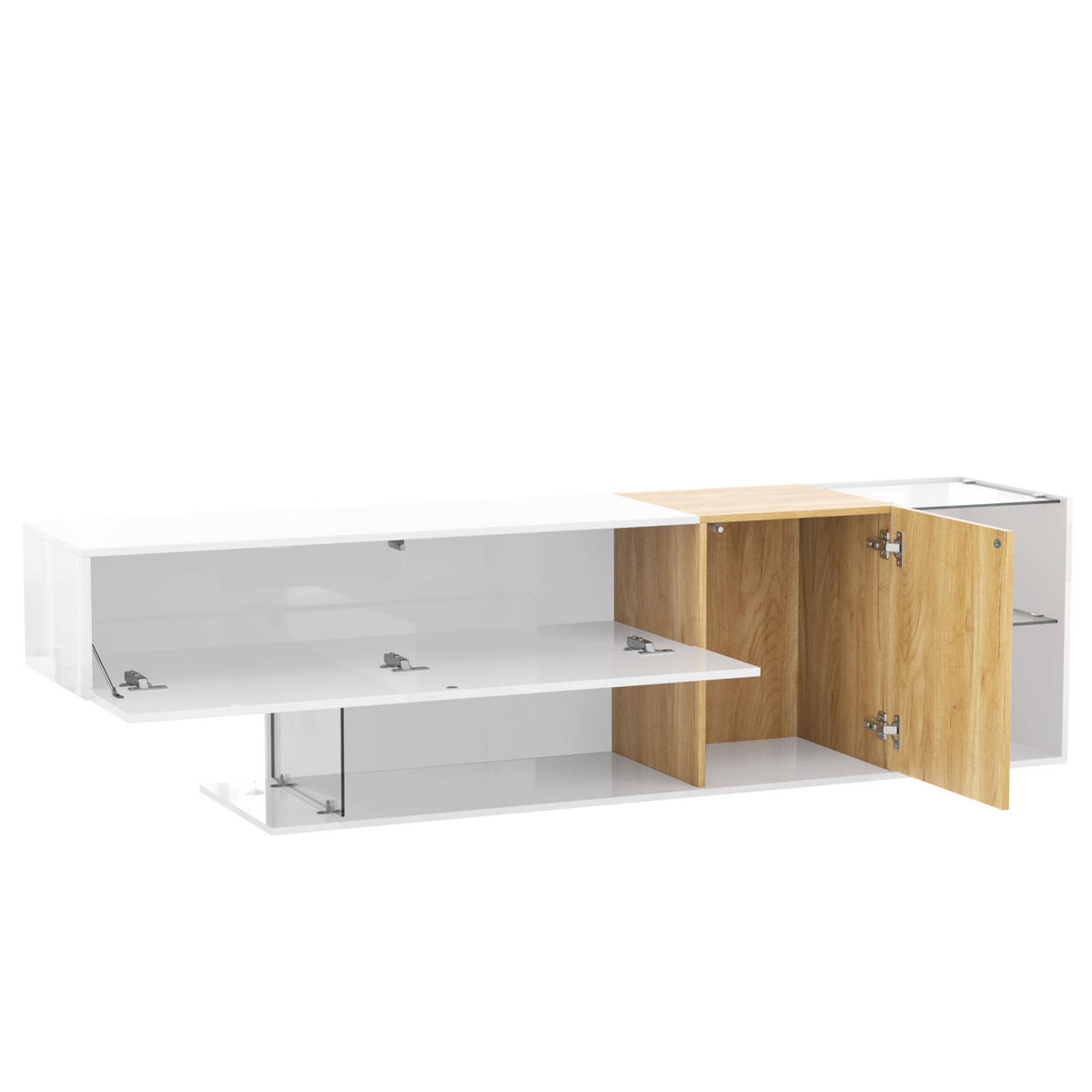 TV Lowboard 180 cm, Weiß Hochglanz, Holzoptik, Stauraum - Weiß, Holz (180/48/38cm)