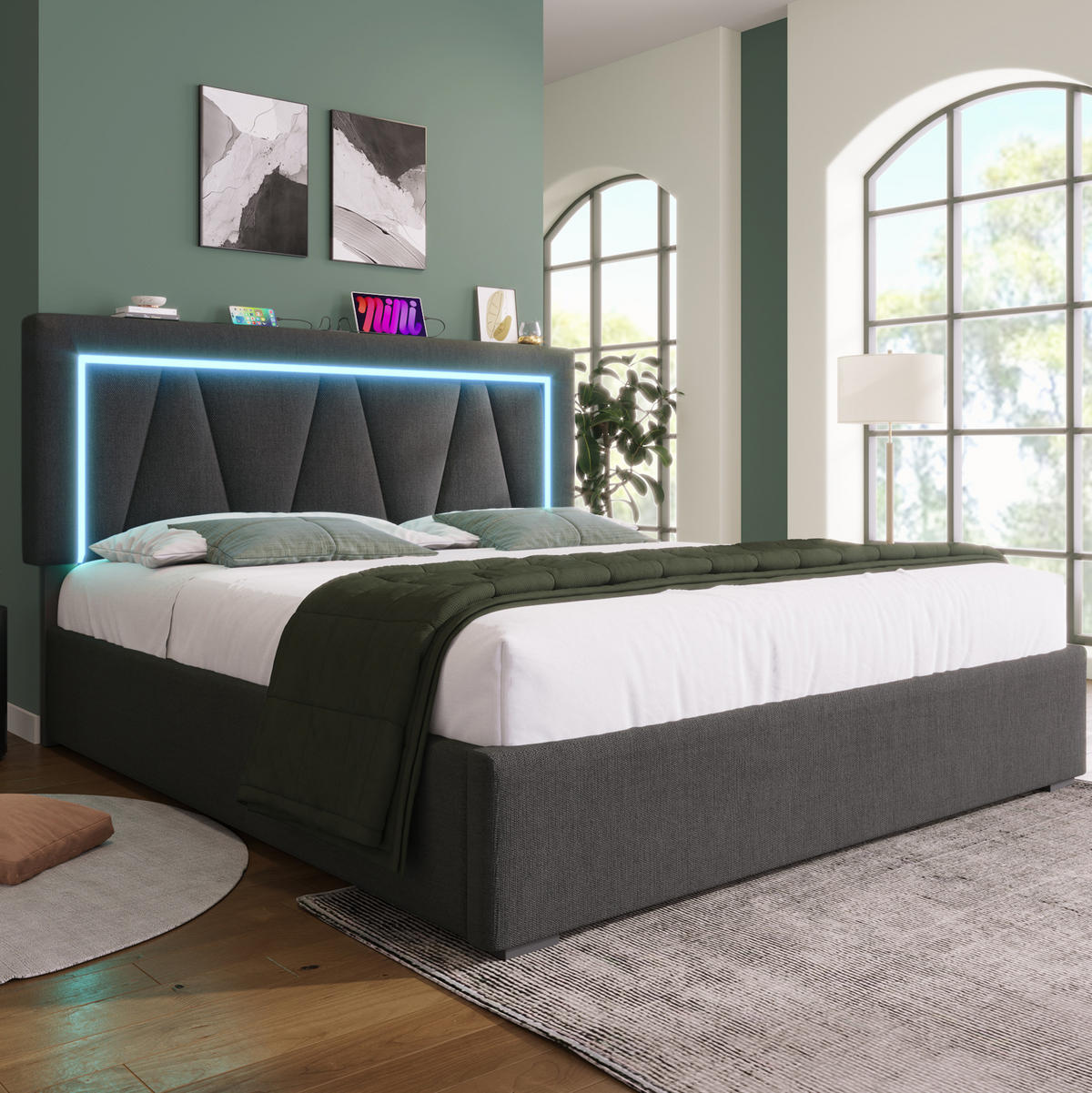 POLSTERBETT 140/200 cm Grau aus Leinen mit LED-Beleuchtung und USB-Anschluss - Grau, Textil - OKMYHOME