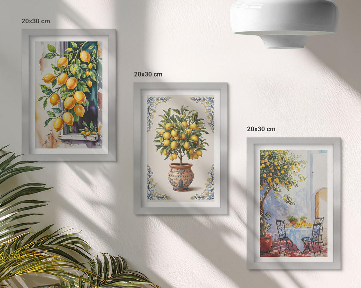 WANDBILDER 3er Set - 20x30 cm Silberner Rahmen - Zitronenbäume Früchte Sonne - Silberfarben, Kunststoff (20/30cm) - ArtPrintCave