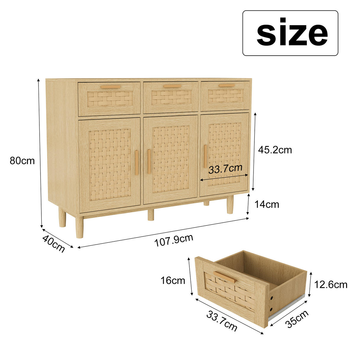 SIDEBOARD 108x40x80 cm Rattan 3 Türen 3 Schubladen natur - Naturfarben, Holz (107.9/80/40cm) - LEBENLANG