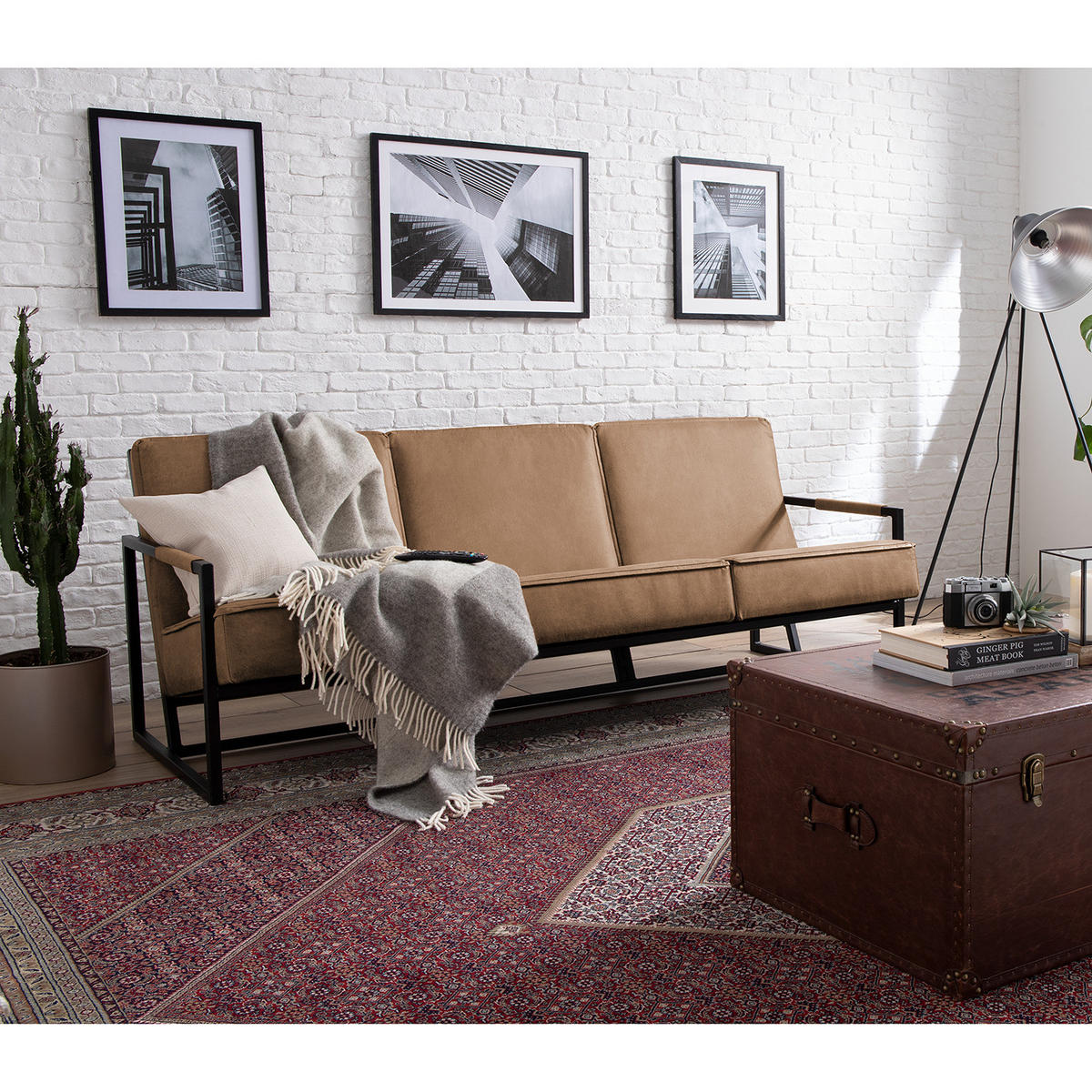 3-SITZER SOFA - Antiklederlook - Grau, Textil (185/74/82cm) - home24