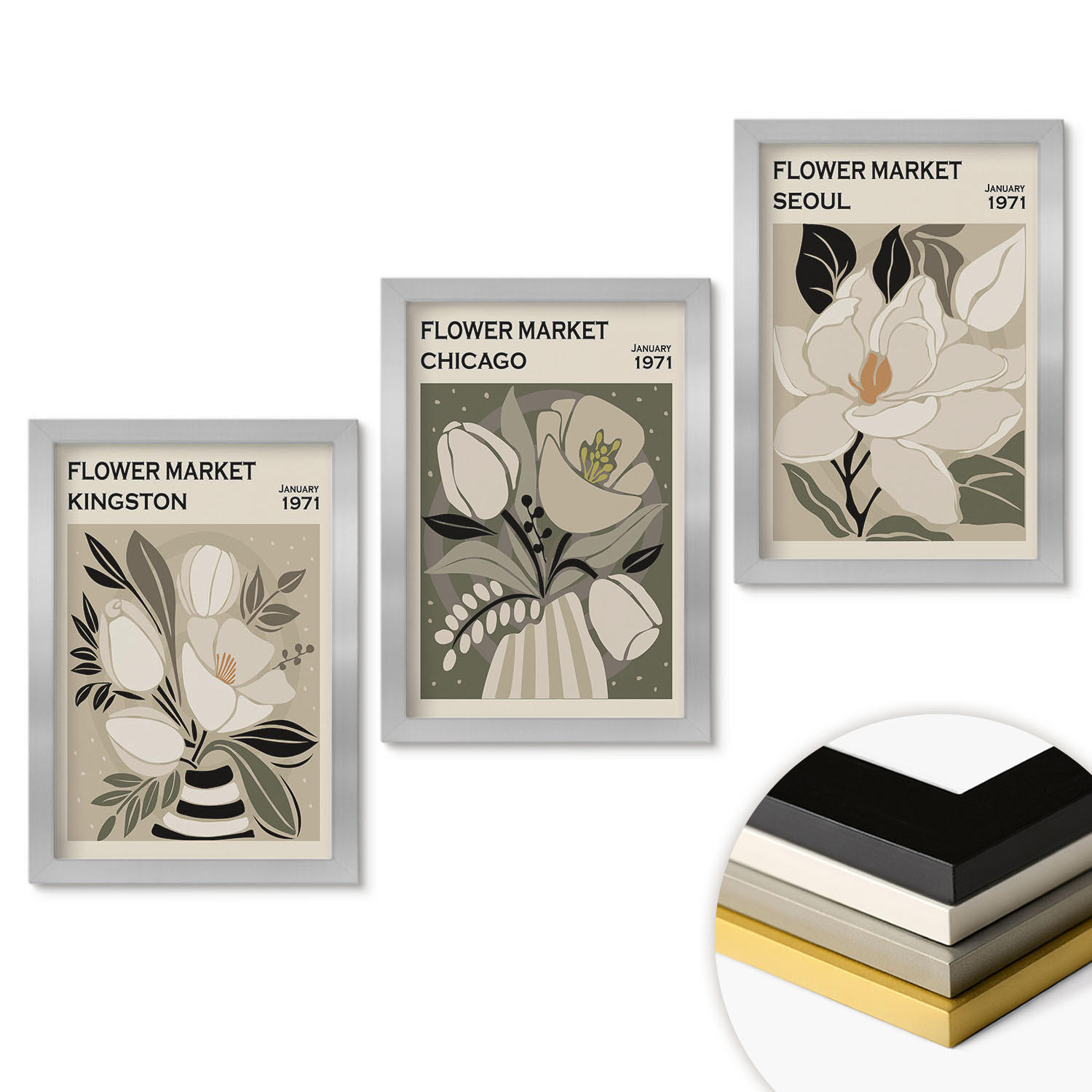 WANDBILDER 3er Set - 20x30 cm Silberner Rahmen - Blumen Kingston Seoul Chicago Retro - Silberfarben, Kunststoff (20/30cm) - ArtPrintCave