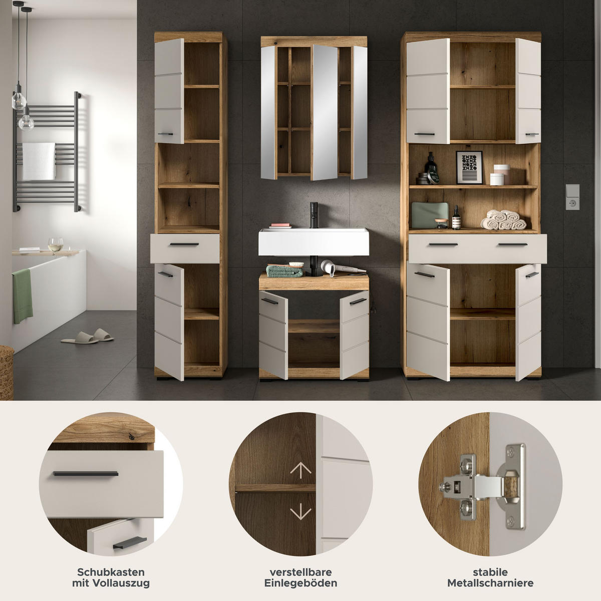 BAD-SET SCOUT 4-tlg. (B/H/T: ca. 201/191/34 cm) in Evoak Oak Nachbildung/- - Eichefarben, Holz (201/191/34cm)