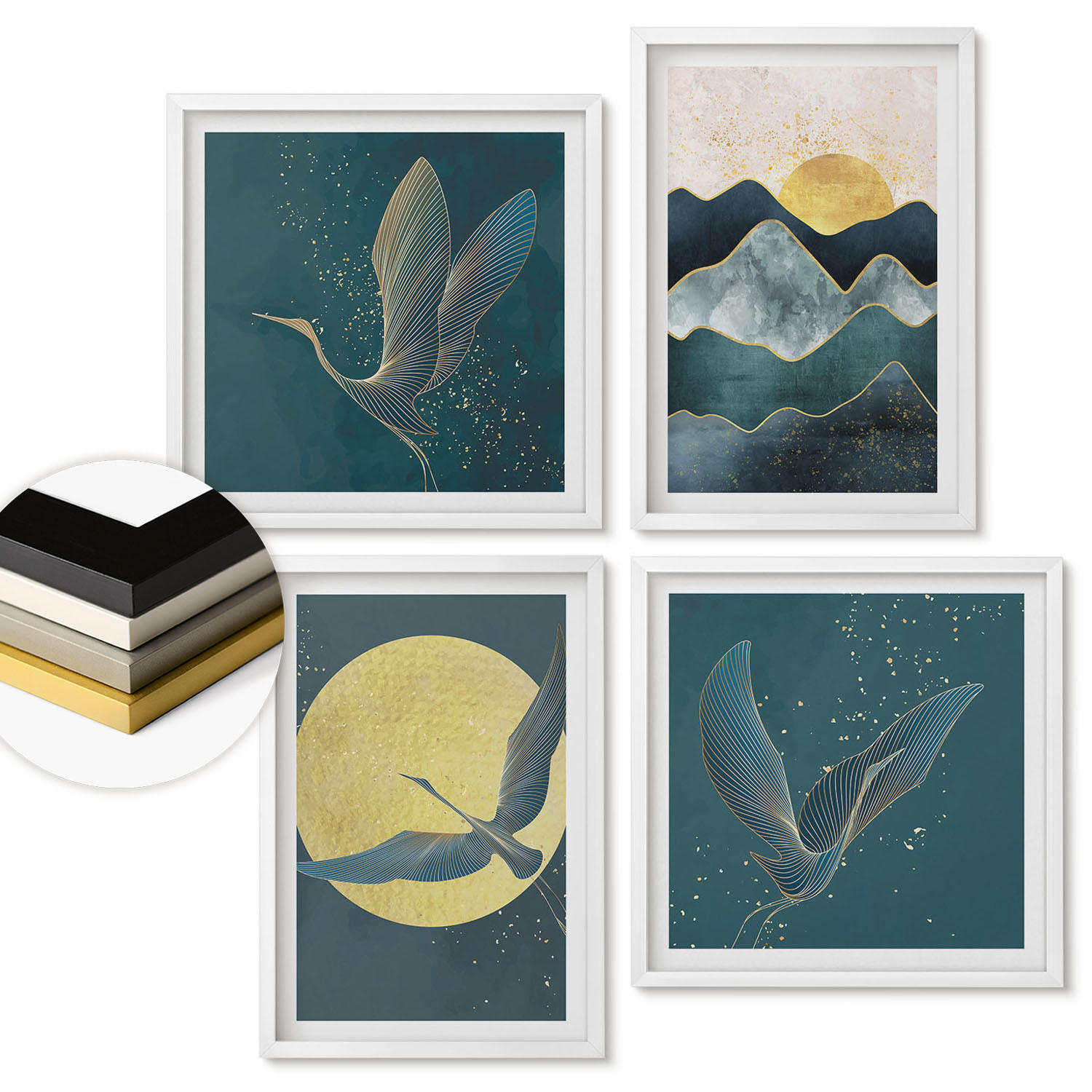 WANDBILDER 4er-Set - 50x50 cm & 40x60 cm Weißer Rahmen - Vögel, Kraniche, Mond, Berge - Weiß, Kunststoff (50/50cm) - ArtPrintCave