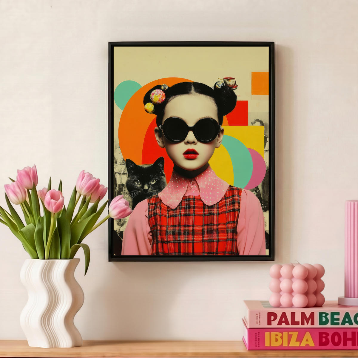 LEINWAND Bilder mit Rahmen - Mädchen - Sonnenbrille - Katze - Retro - 30x40 - Beige, Textil (30/40cm) - MuchoWow