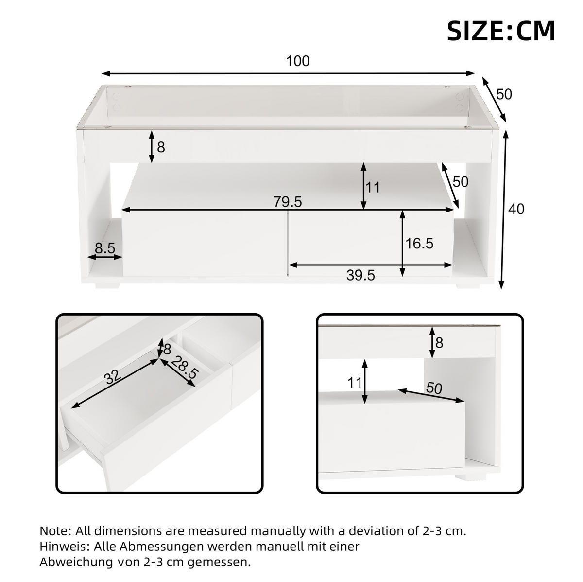 COUCHTISCH aus Spanplatte und Glas 100x50x40 cm in Weiß mit LED - Weiß, Holzwerkstoff (100/50/40cm) - Modfu