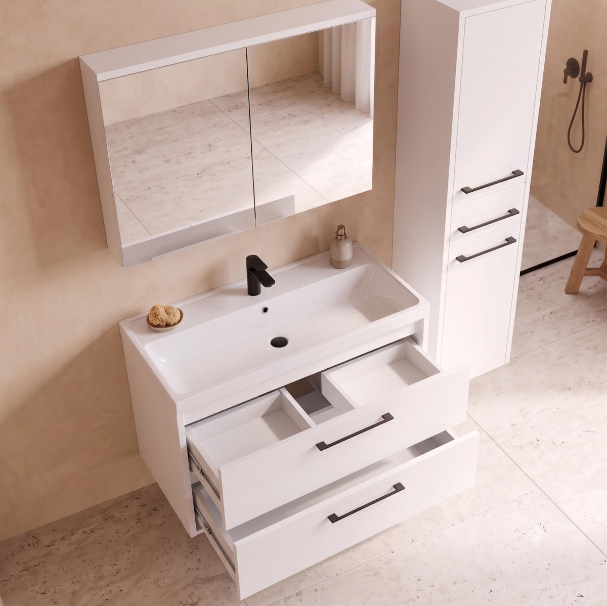 BADMÖBEL-SET Florence 3 Teile Hochglanz Weiß - 80 x 40 x 51 cm - Weiß, Holz (80/51/40cm) - Badplaats
