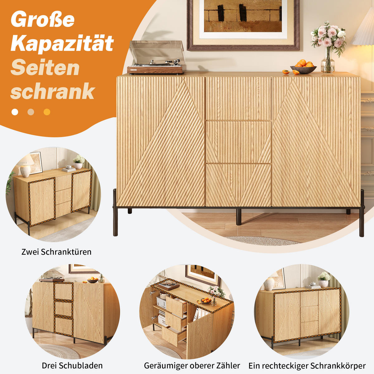 SIDEBOARD 115,5/40/76 cm Natur aus MDF mit Türen und Schubladen - Naturfarben, Holzwerkstoff (115.5/76/40cm) - OKWISH