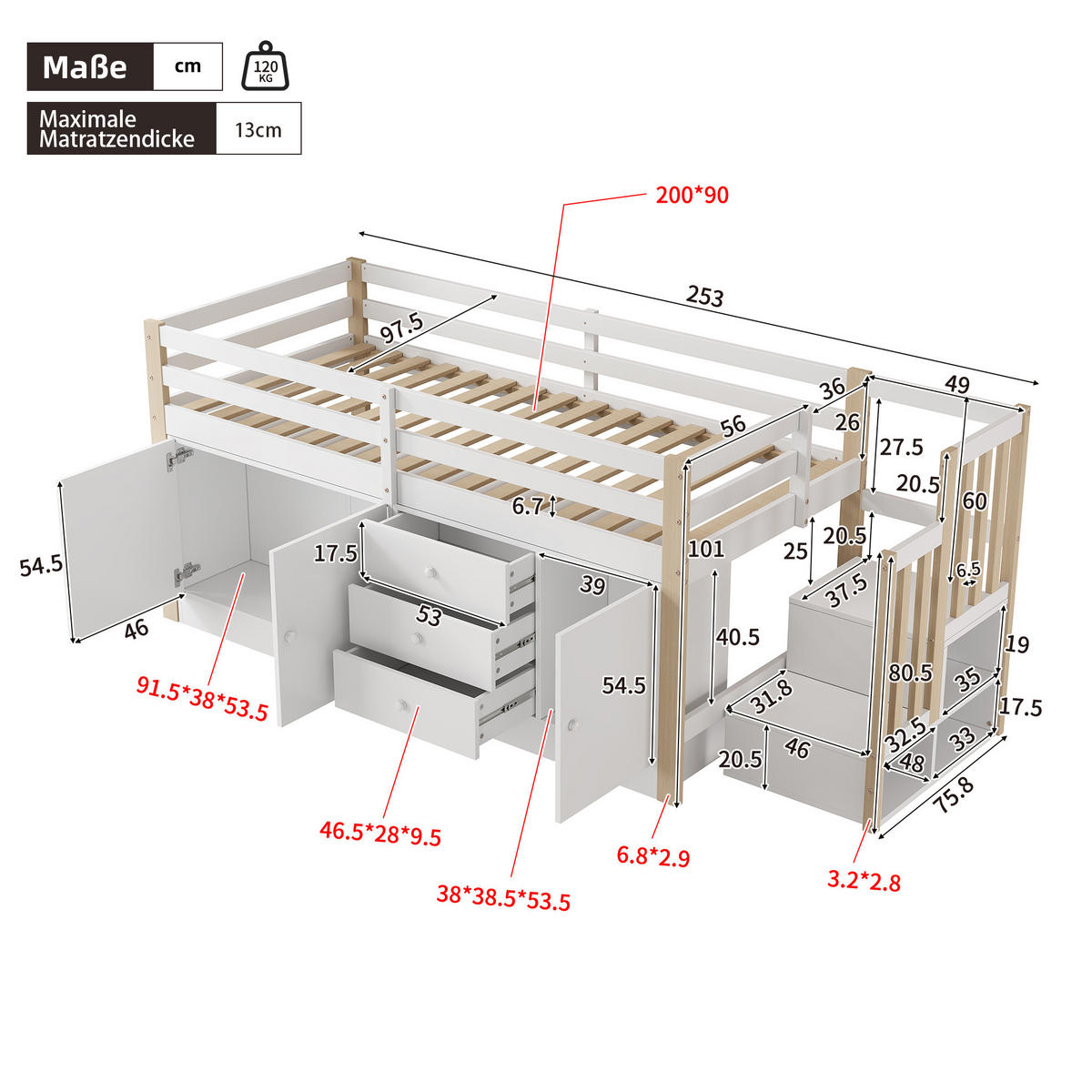VYVÝŠENÁ posteľ 90/200 cm MDF biela, s úložným priestorom a schodmi - biela, kompozitné drevo (90/200cm) - BEAOK