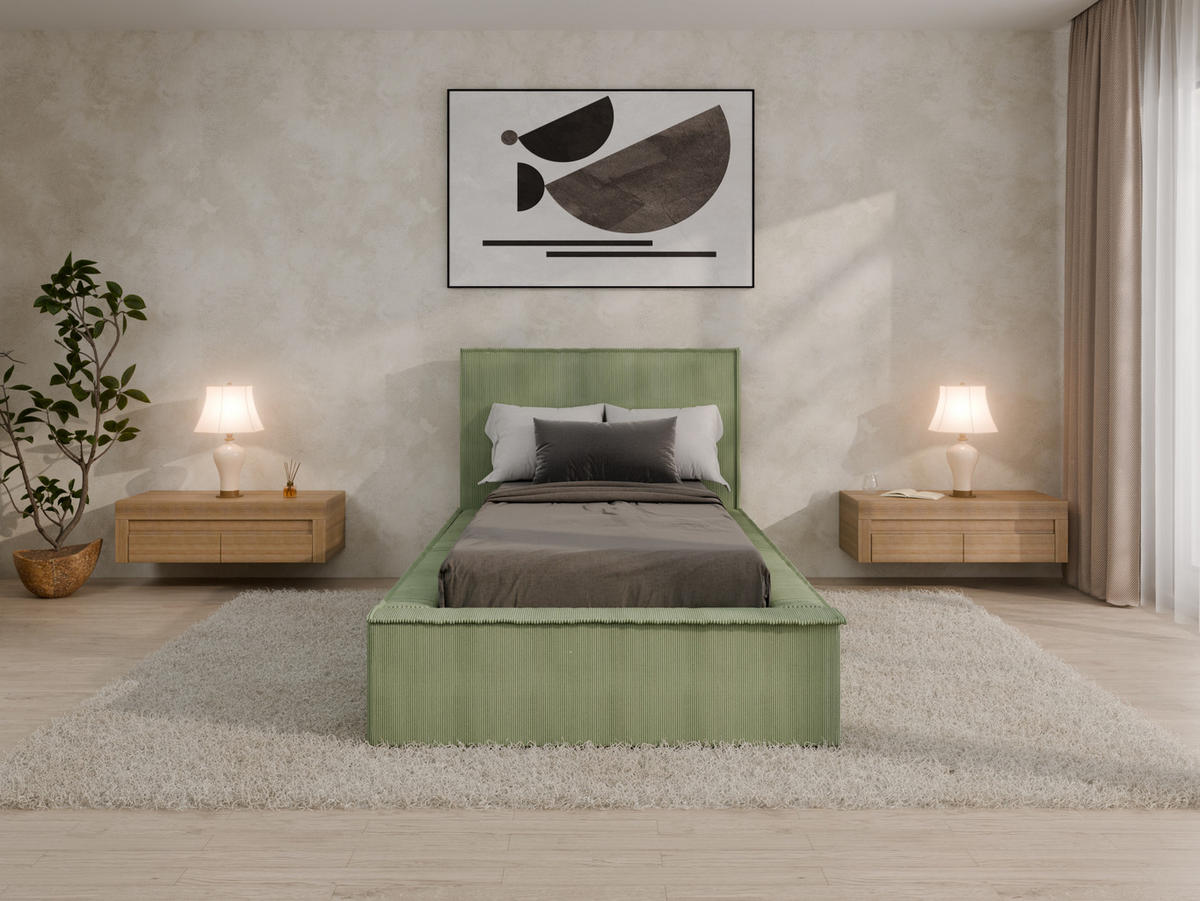 POLSTERBETT SANA 90x200cm Elegantes Polsterbett für modernen Wohnstil , 7-Zonen-Taschenfederkernmatratze mit kokos ARLAN (21 cm), Currygelb - Grün, Holz (90/200cm) - Panda Möbel