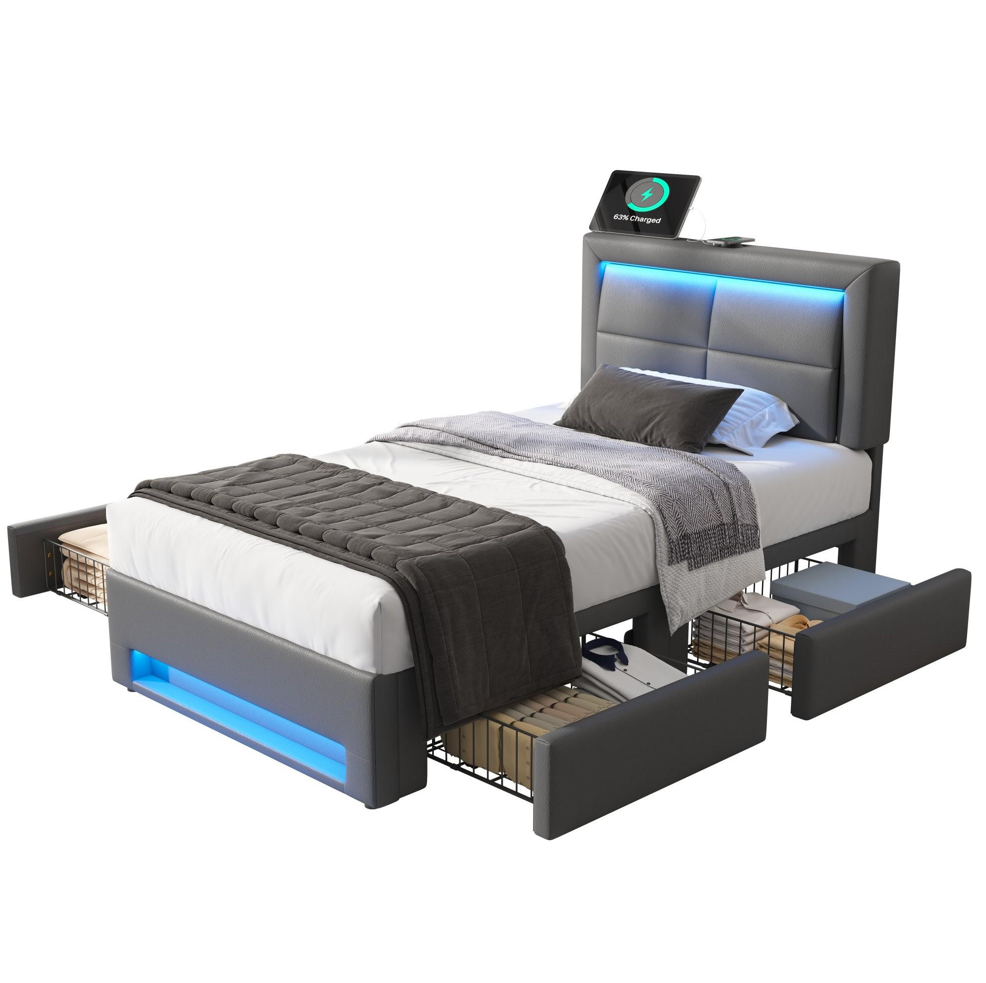POLSTERBETT mit LED-Beleuchtung 90/200 cm mit 4 Schubladen und USB-Ladefunktion - Grau, Kunststoff (90/200cm) - BEAOK