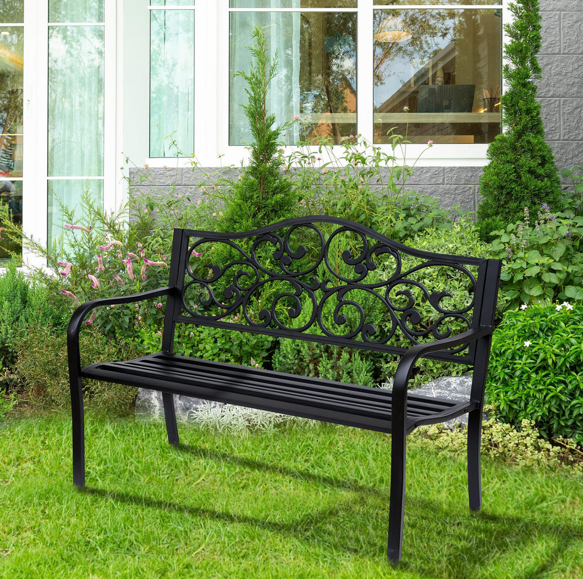 ZAHRADNÍ lavice z oceli 127x60x89 cm černá pro 3 osoby s elegantním designem a vysokým opěradlem - černá, kov (127/89/60cm) - Modfu