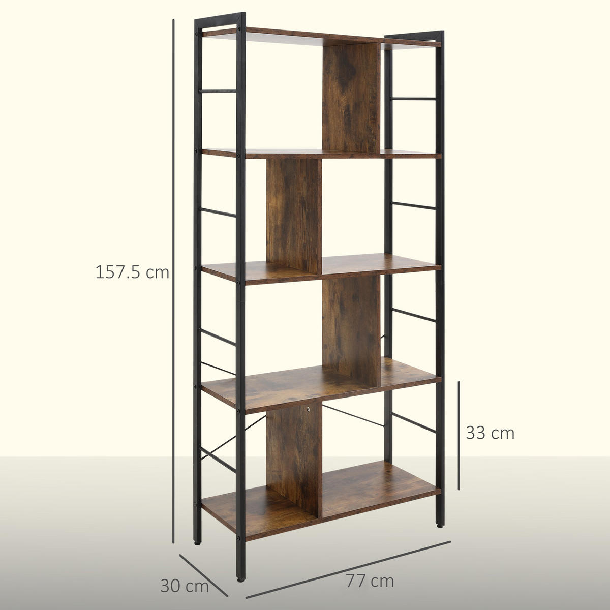 BÜCHERREGAL Spanplatte Metall Rustikal-Braun - Schwarz/Braun, Holzwerkstoff/Metall (30/157.5/77cm) - HOMCOM