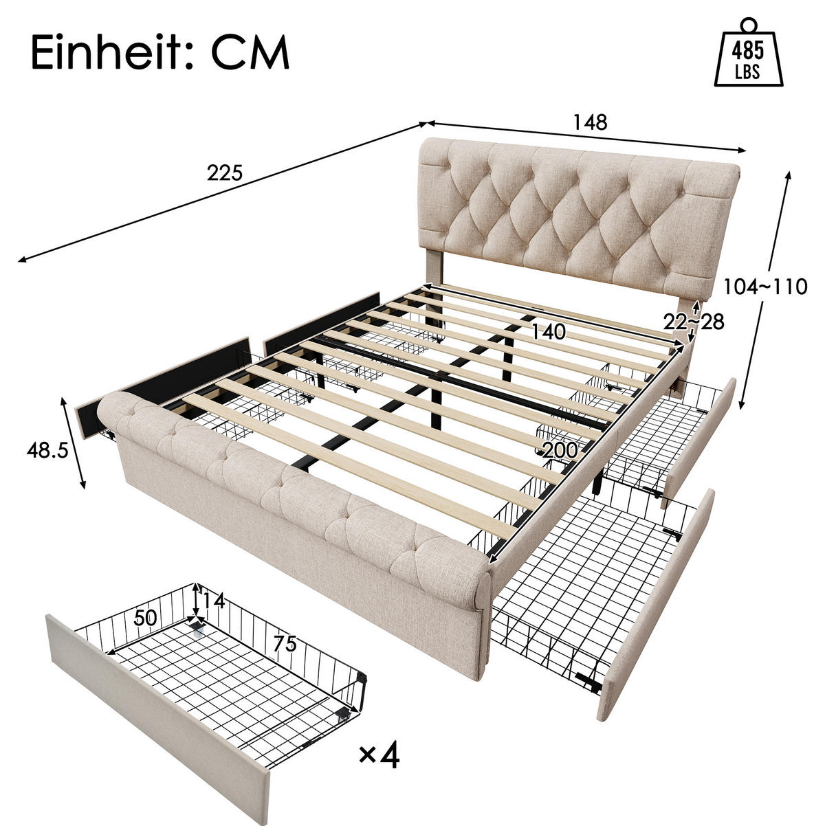 POLSTERBETT 140/200 cm Natur mit 4 Schubladen und höhenverstellbarem Kopfteil mit Matratze - Naturfarben, Metall (140/200cm) - OKWISH