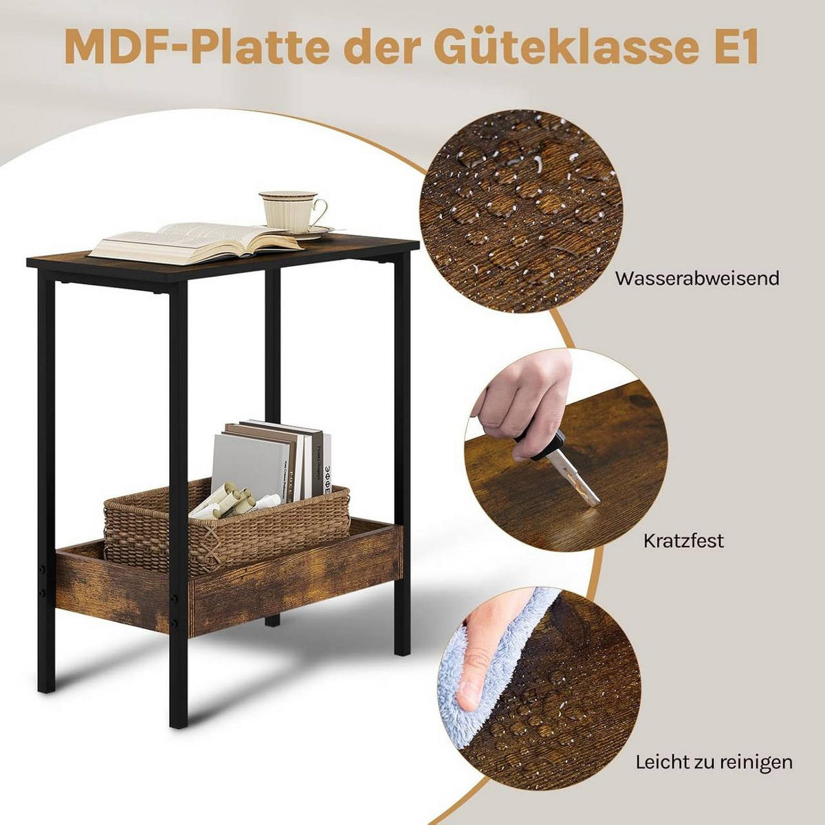 BEISTELLTISCH mit Ablage, Vintagebraun - Dunkelbraun/Schwarz, Holzwerkstoff/Metall (25/50/55cm) - Woltu