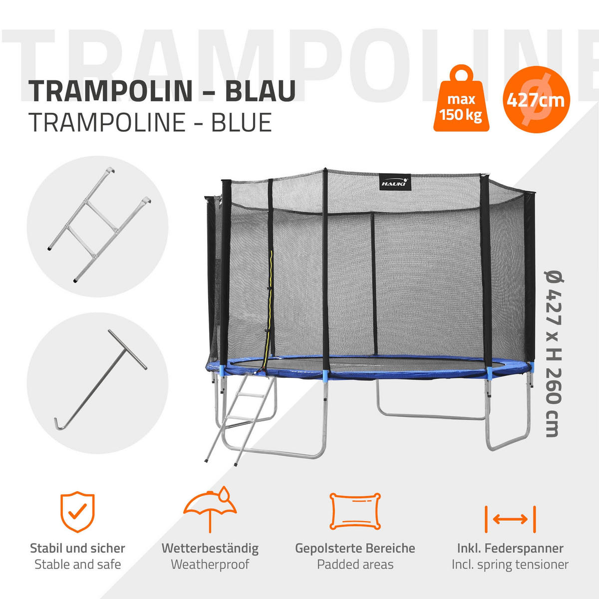 TRAMPOLIN 427 cm blau - Blau, Metall (427/260/427cm) - Hauki