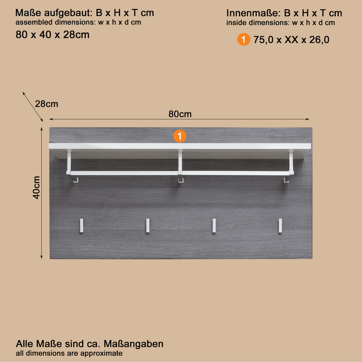 GARDEROBENPANEEL Hochglanz weiß, Sardegna grau, Wandgarderobe 80 x 40 cm - Weiß Hochglanz/Grau, Holzwerkstoff (80/40/28cm) - Top.Furn