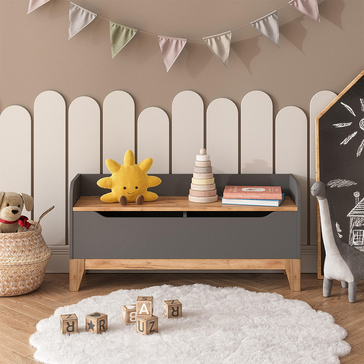 SPIELZEUGTRUHE Malia Grau/Artisan 107.2 x 50 cm mit Sitzfläche - Hellgrau/Grau, Holzwerkstoff (107.2/30cm) - VitaliSpa