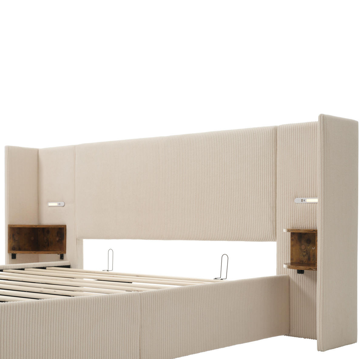 POLSTERBETT aus Cordstoff 160x200 cm Beige-Weiß mit Stauraum, Leselicht und USB-/Type-C-Anschlüssen - Beige, Textil (160/200cm) - IVMEU