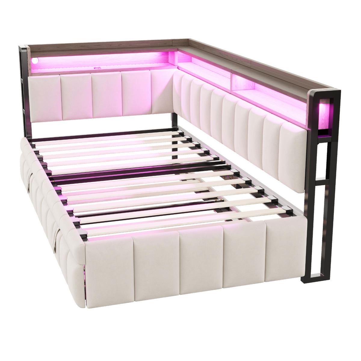 BETT 90/200 cm in Beige mit Ausziehbett, LED und USB-C - Beige, Textil (90/200cm) - BEAOK