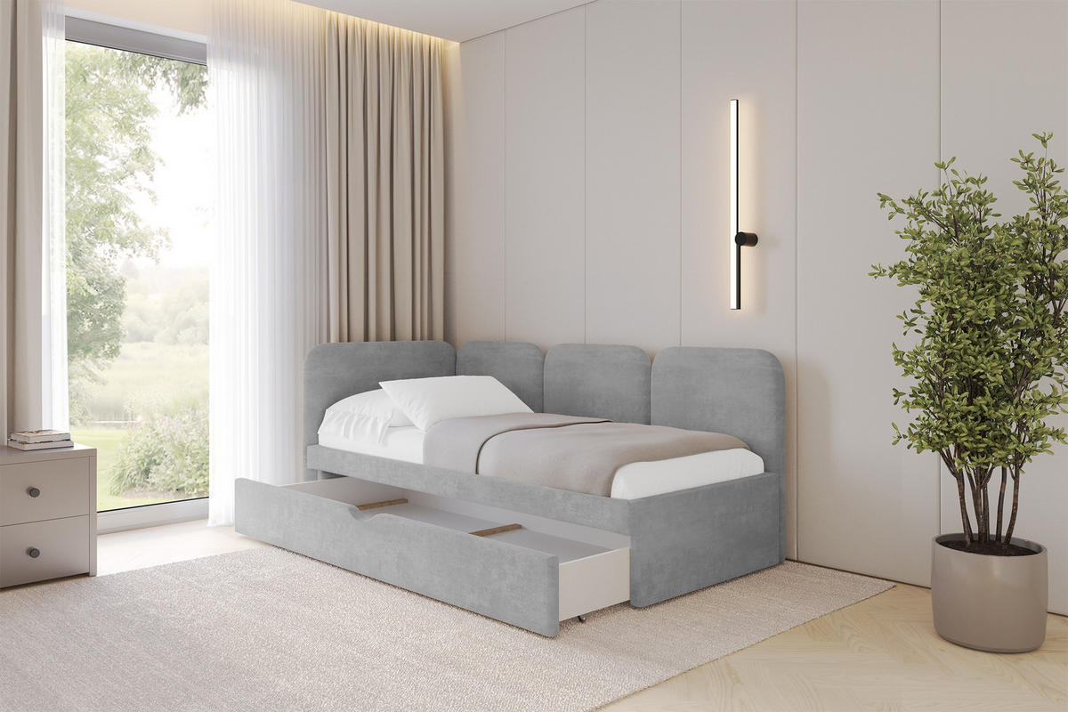 EINZELLBETT Jugendbett mit Bettkasten, Rechts - ALVY 80x200 Grau - Silberfarben, Holzwerkstoff/Textil (80/200cm) - ALTDECOR
