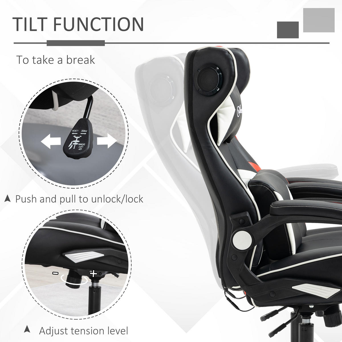 GAMINGSESSEL mit Wippfunktion Gaming Stuhl mit Lautsprecher Bürostuhl PU - Schwarz/Weiß, Leder (73/118/69cm) - Vinsetto