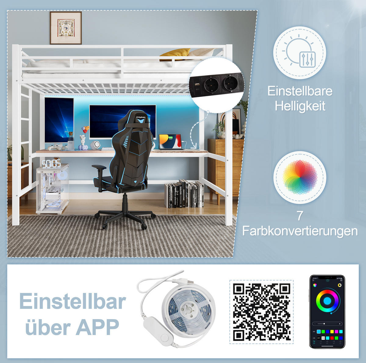 HOCHBETT 90/200 cm in Weiß mit Schreibtisch, LED-Beleuchtung und Ladeanschlüssen - Weiß, Metall (90/200cm) - Flora Grace