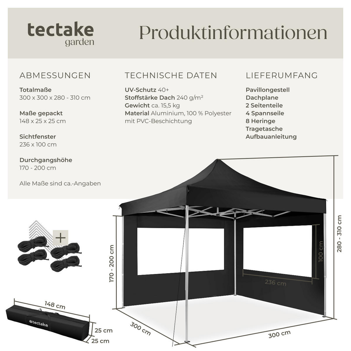 PAVILLON Olivia,inklusive Spannseilen, Heringen und Tragetasche,schwarz - Schwarz, Kunststoff (300/280/300cm) - tectake