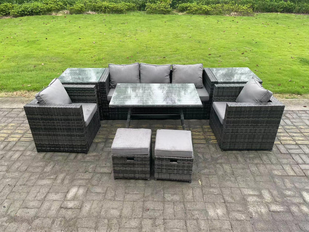GARTENMÖBELSET mit 2 Hockern 7-Sitzer Grau - Dunkelgrau/Grau, Glas/Kunststoff - Fimous