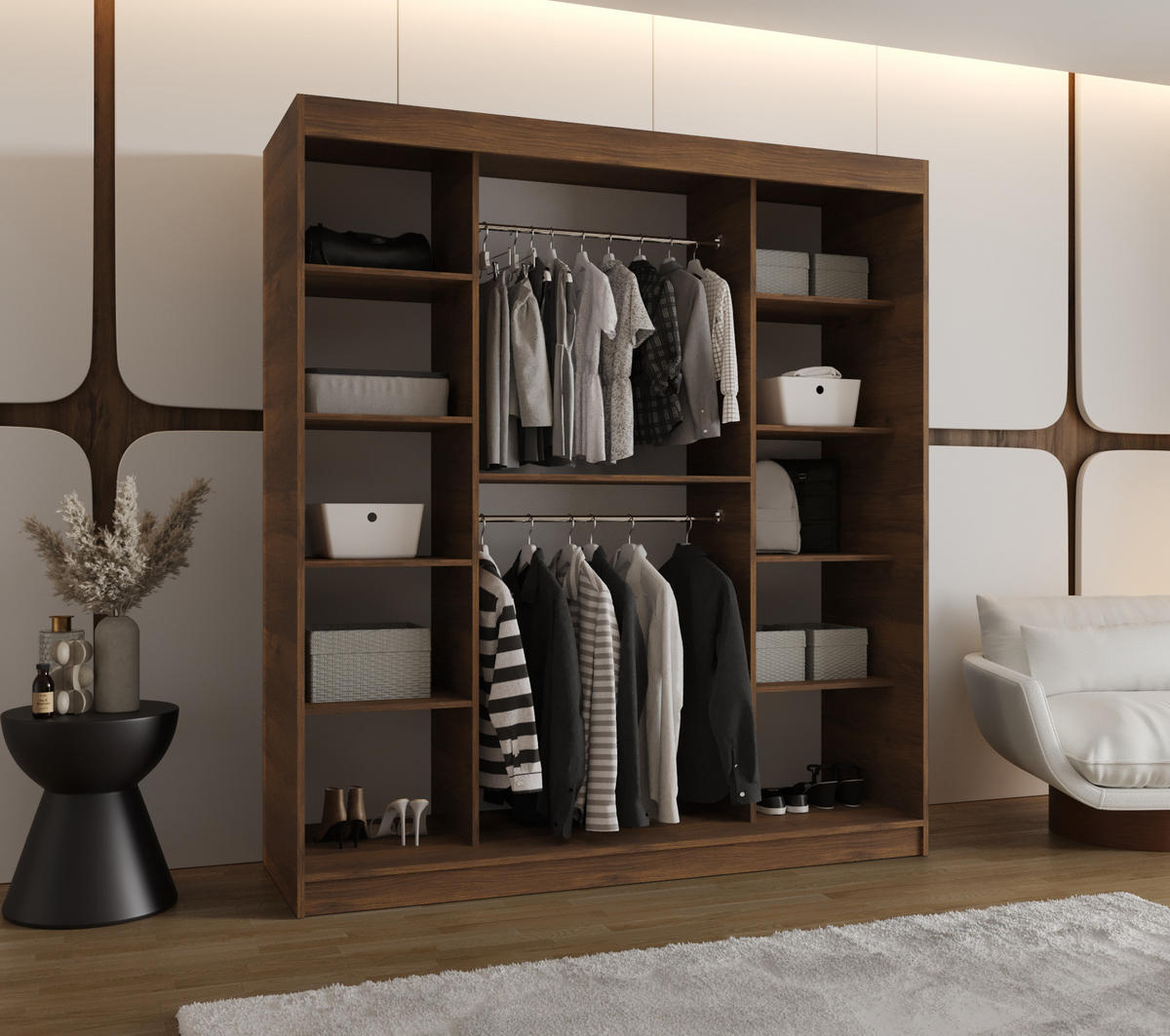 SCHIEBETÜRENSCHRANK mit Spiegel LUCY 200/180/62 2-türig - Silberfarben/Walnussfarben, Holz (180/62/180cm) - MÖBEL KRYSPOL