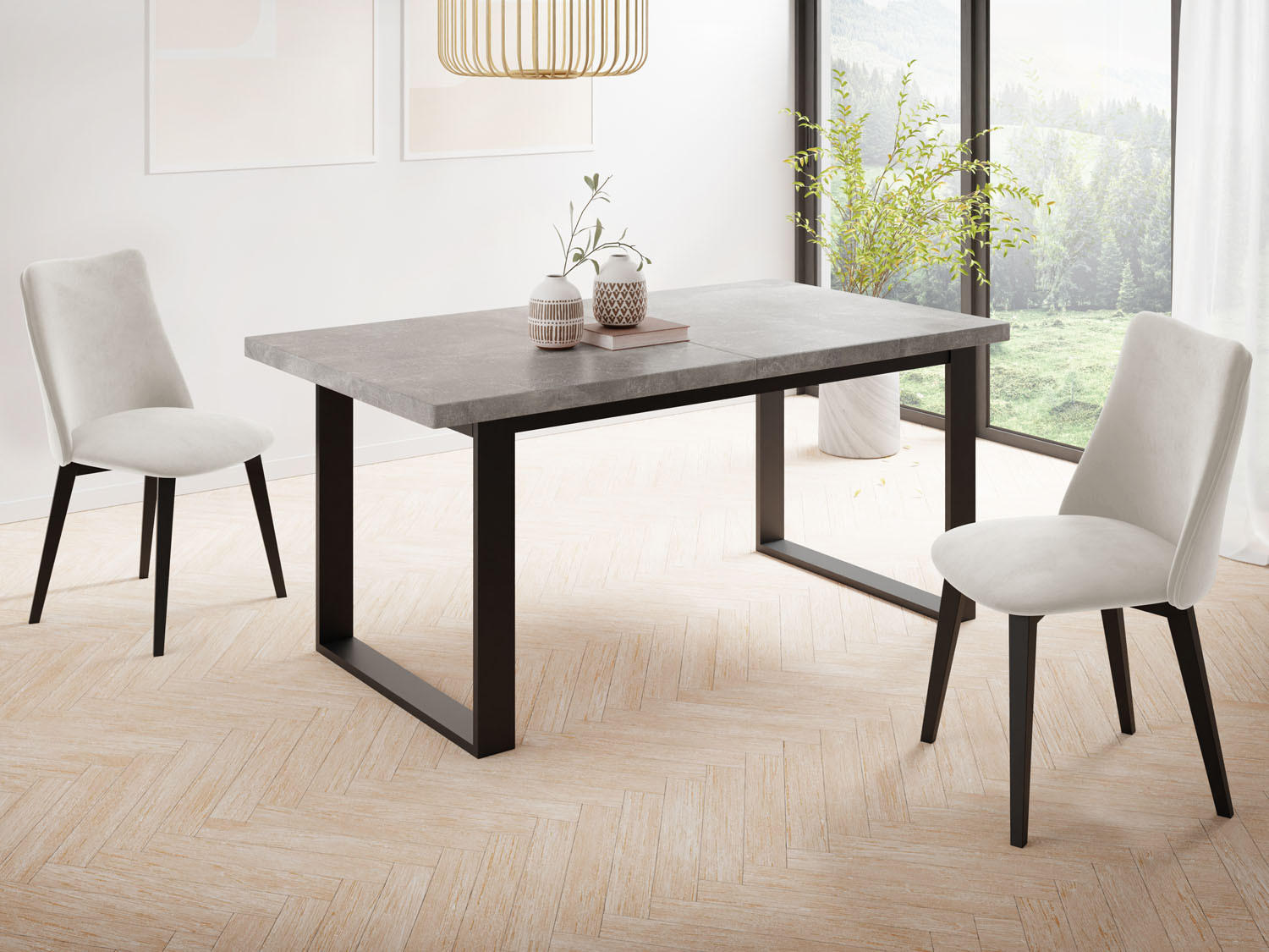 ESSTISCH Valentino rechteckig ausziehbar, Grauer Beton 160/200/80/75 cm - Hellgrau/Schwarz, Holzwerkstoff/Metall (160/80/75cm) - WFL GROUP