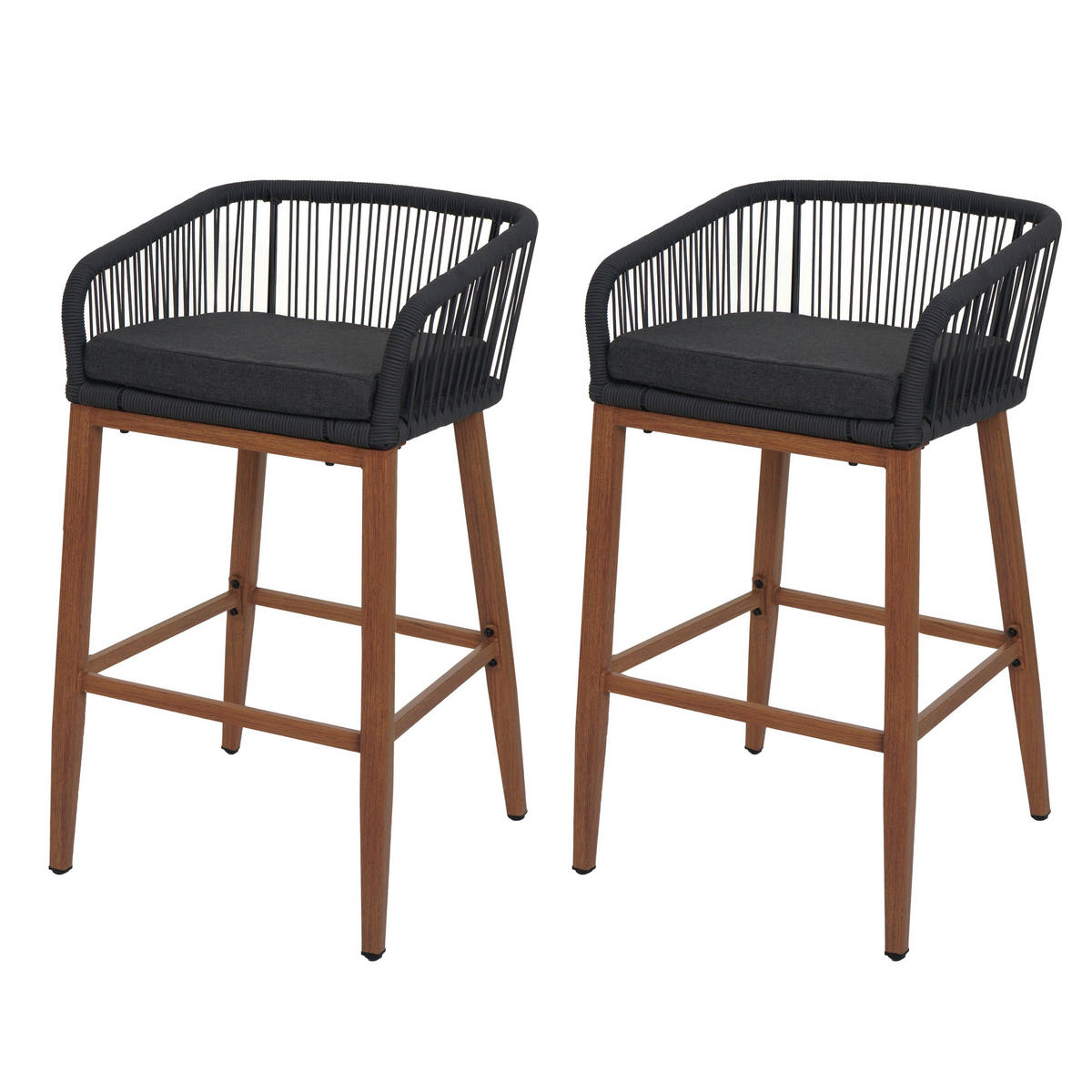 GARTENSTUHL 2er-Set HxBxT 92x51x53cm Sitzhöhe 76cm Anthrazit Kissen Dunkelgrau Seilgeflecht Metall Holz-Optik - Anthrazit, Metall (51/92/53cm) - PROREGAL
