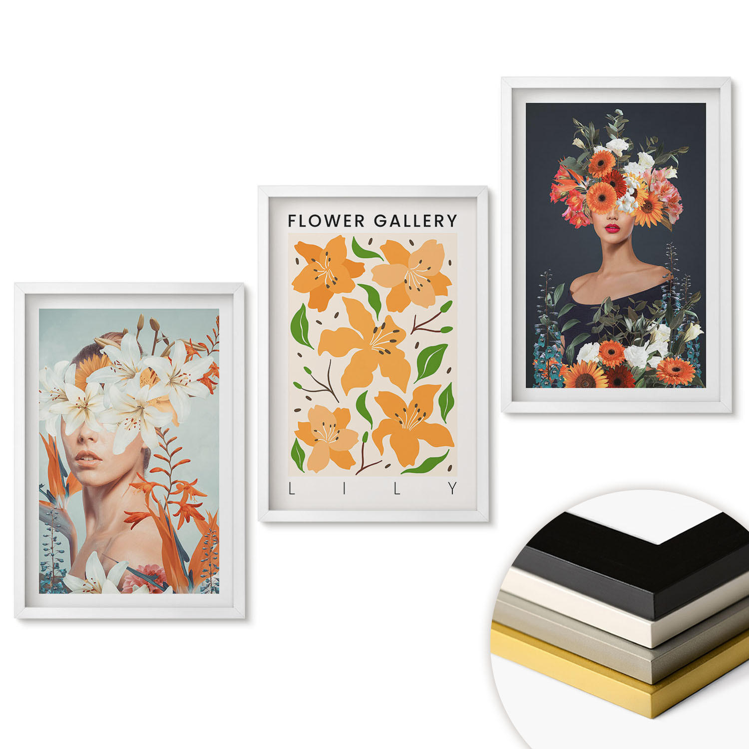 WANDBILDER 3er-Set - 40x60 cm Weißer Rahmen - Blumenporträts mit Blumensträußen - Weiß, Kunststoff (40/60cm) - ArtPrintCave