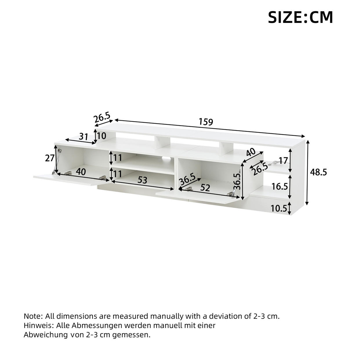 TV-LOWBOARD aus Spanplatte 190x40x48,5 cm Weiß mit LED-Beleuchtung und Stauraum - Weiß, Holzwerkstoff (190/48.5/40cm) - IVMEU
