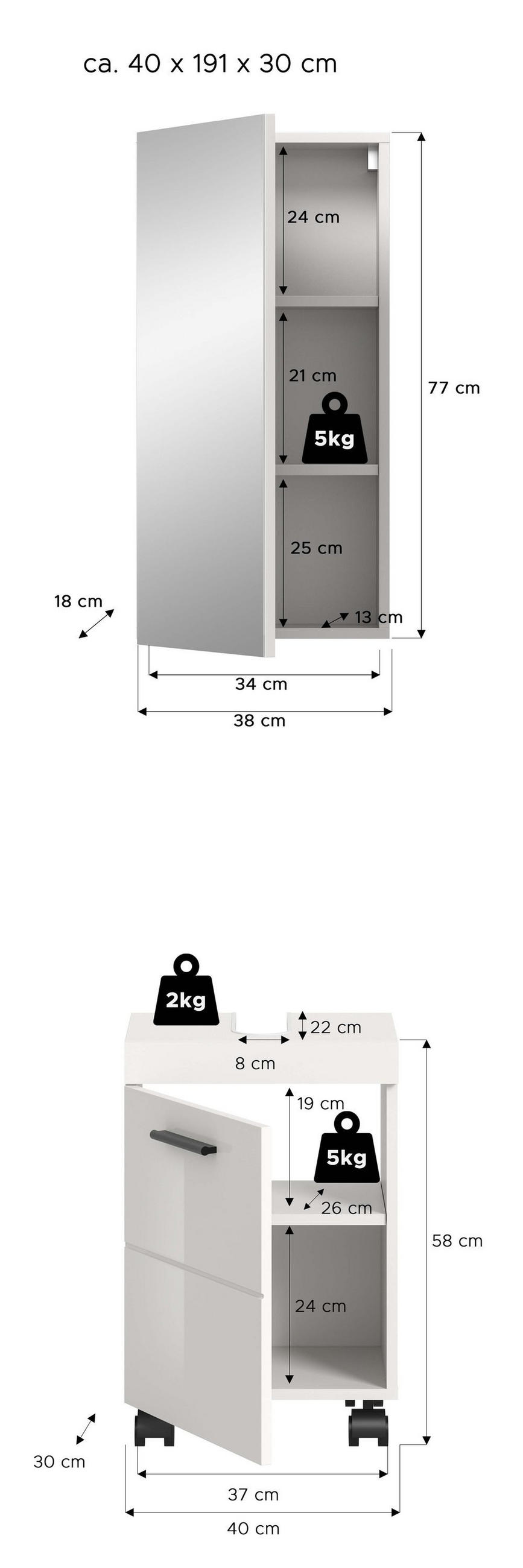 BAD-SET NOVA 2-tlg. (B/H/T: ca. 40/191/30 cm) in Weiß/weiß hochglanz - Weiß, Holzwerkstoff (40/191/30cm)