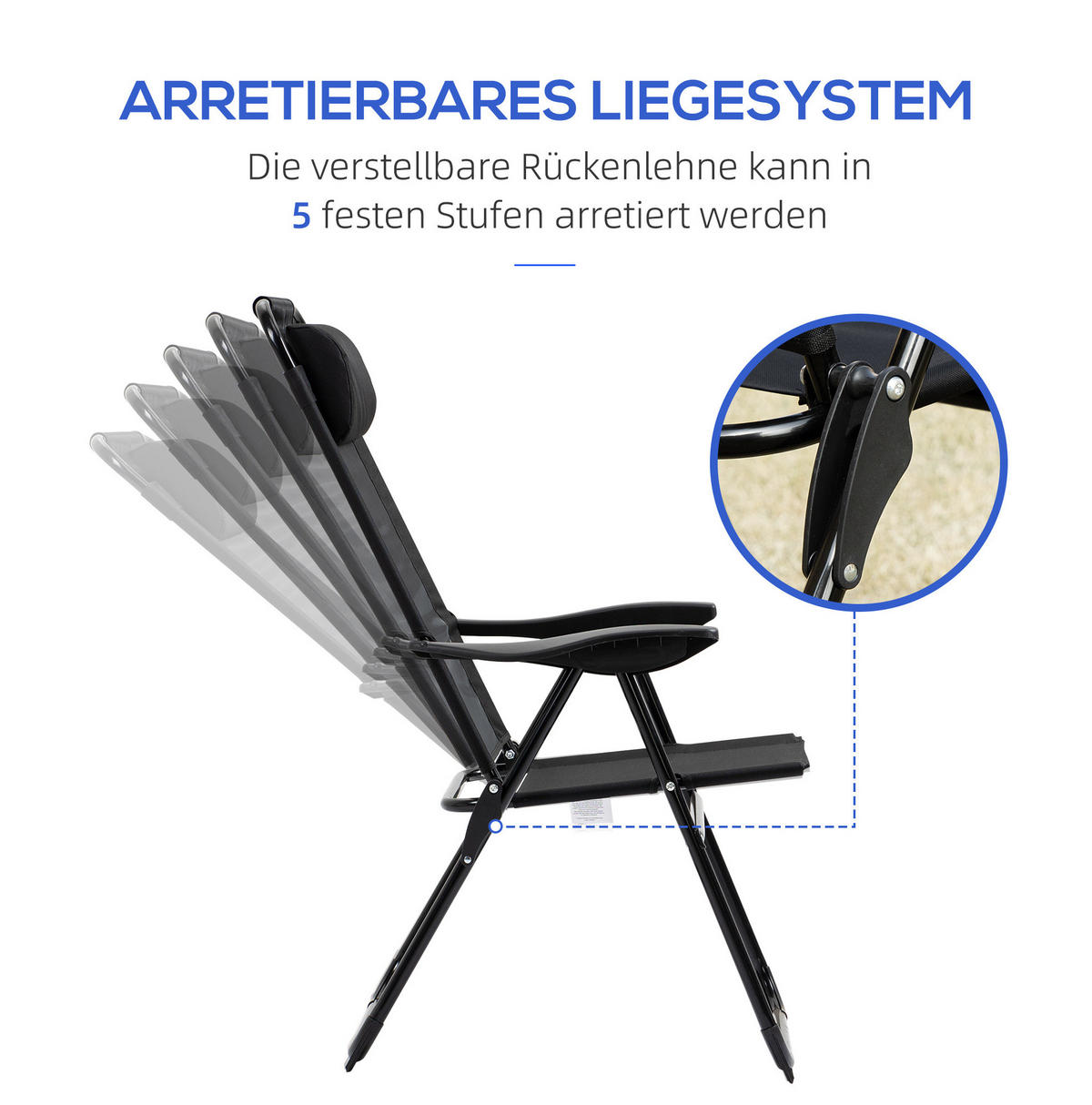 KLAPPSTUHL-SET 62/70/109 cm mit 5-fach verstellbarer Rückenlehne, faltbar und Stahlgestell, Schwarz - Schwarz, Metall (70/109/62cm) - Redom